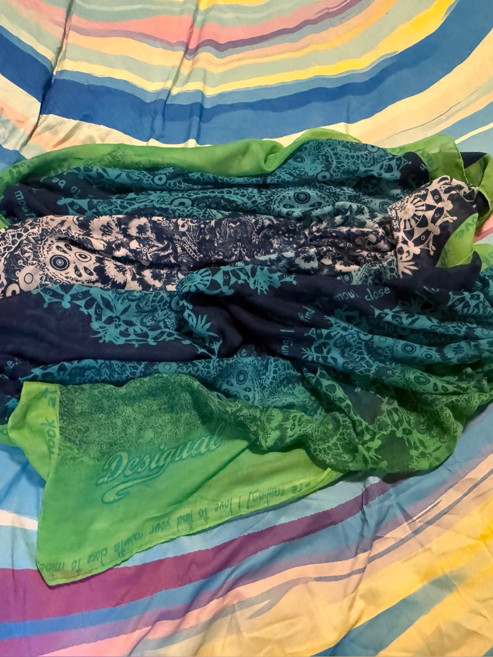 Desigual Green and Navy Floral Paisley Love Messages Scarf
